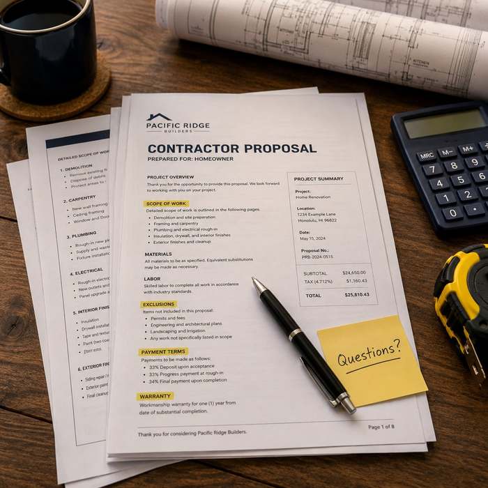 A contractor proposal marked up on a desk, ready for review
